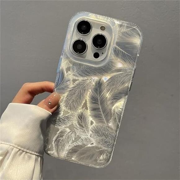 iPhone 16 Pro Case Silver Glitter Feather Design Girl Case - Picture 3 of 7